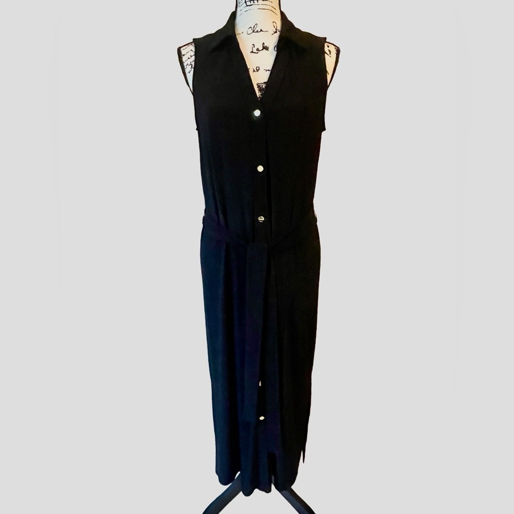 Anne Klein Sleeveless Black Jersey Dress | Gold Button Front | Size 10